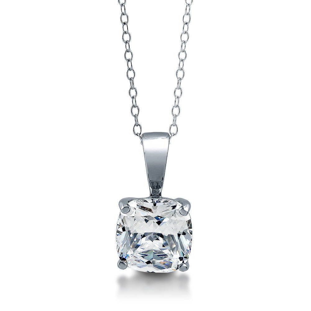 Front view of Solitaire 3ct Cushion CZ Pendant Necklace in Sterling Silver