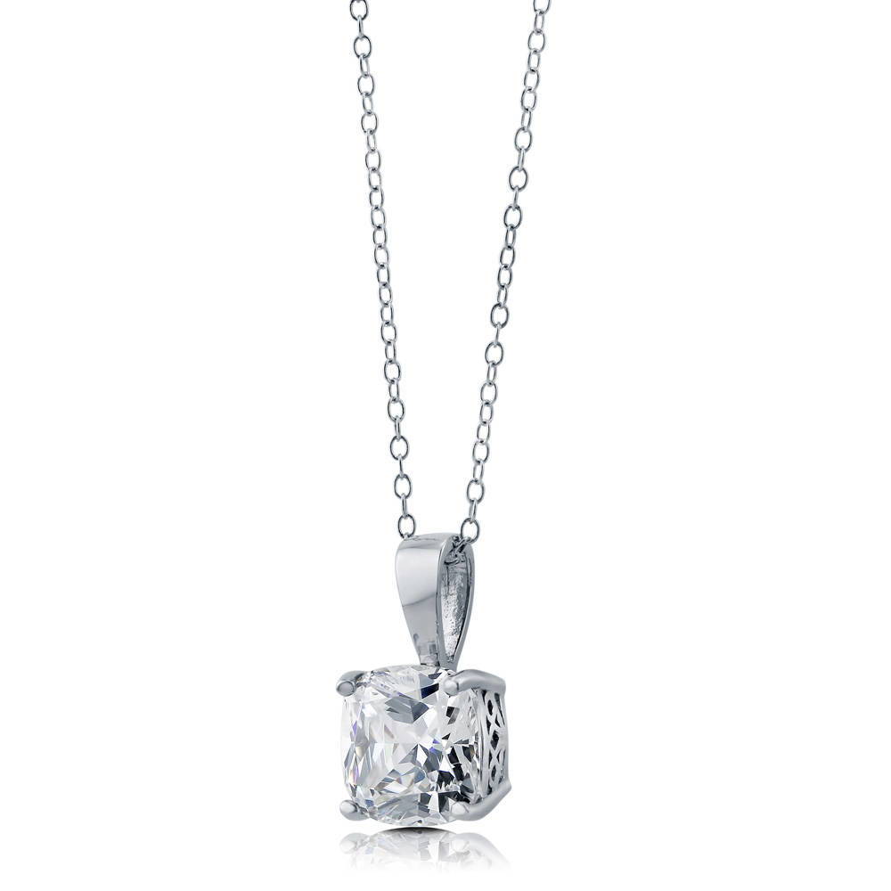 Angle view of Solitaire 3ct Cushion CZ Pendant Necklace in Sterling Silver