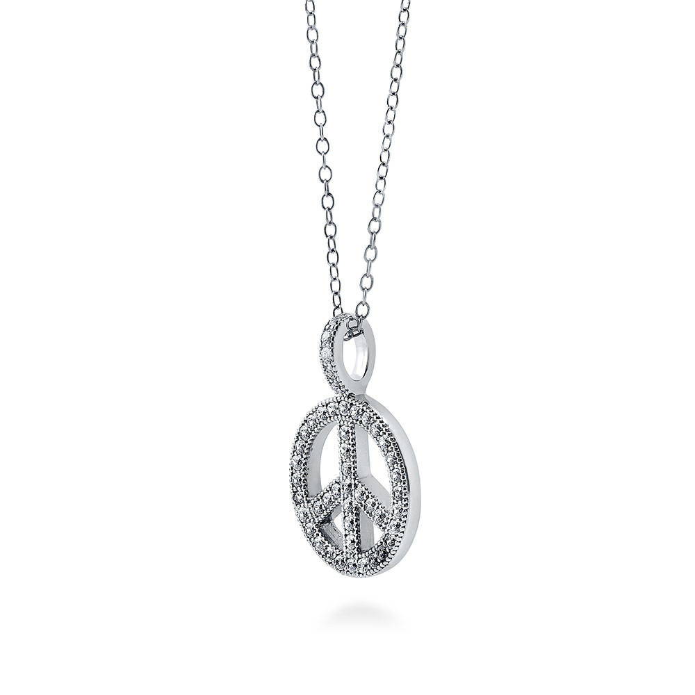 Front view of Peace Sign CZ Pendant Necklace in Sterling Silver