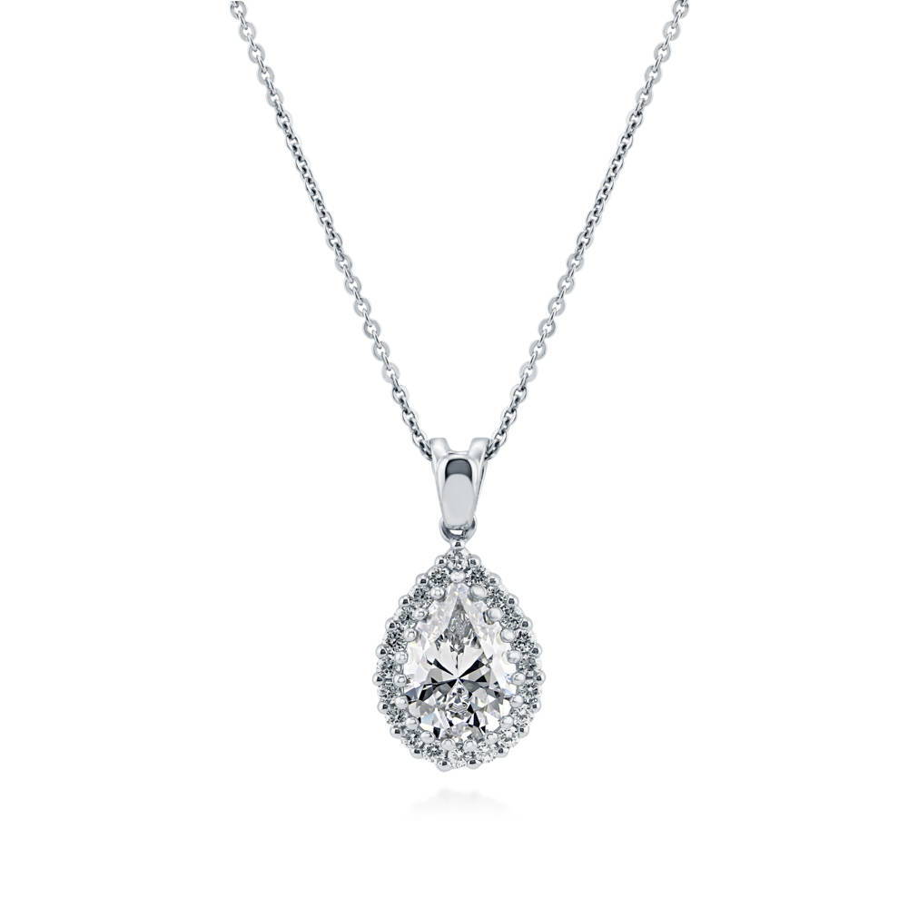 Halo Pear CZ Pendant Necklace in Sterling Silver, 1 of 8