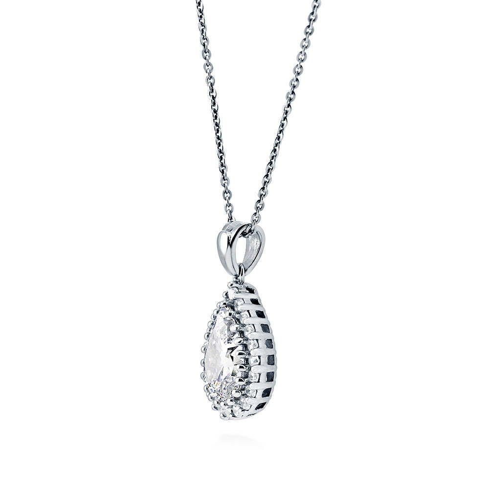 Front view of Halo Pear CZ Necklace and Earrings Set in Sterling Silver