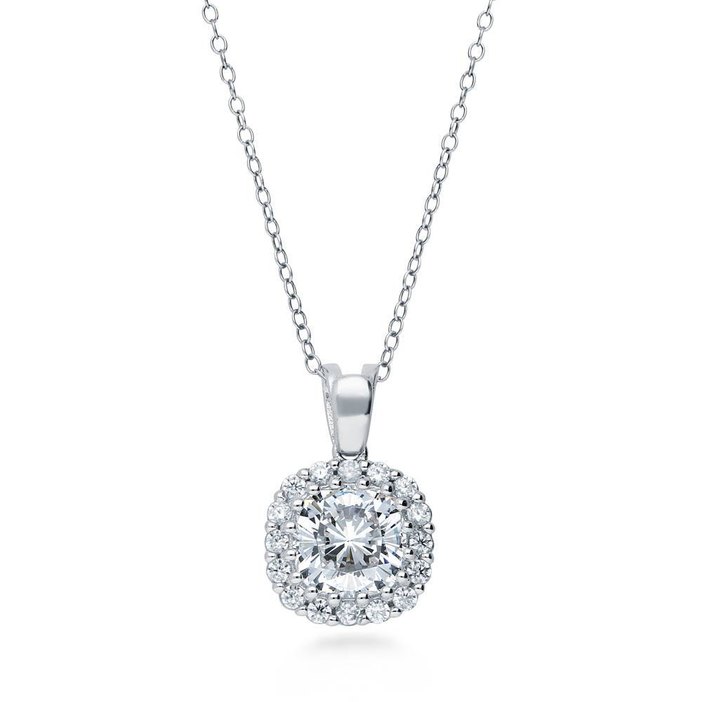 Halo Cushion CZ Pendant Necklace in Sterling Silver