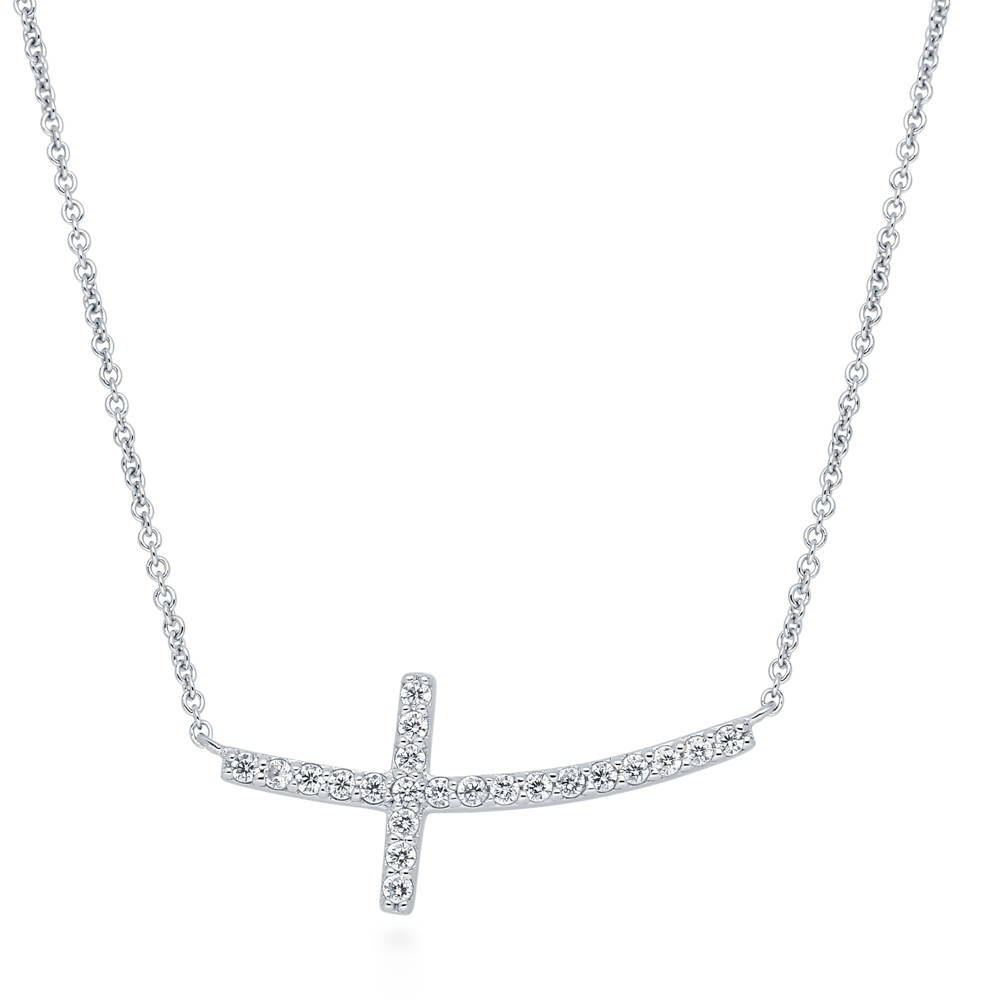 Sideways Cross CZ Pendant Necklace in Sterling Silver