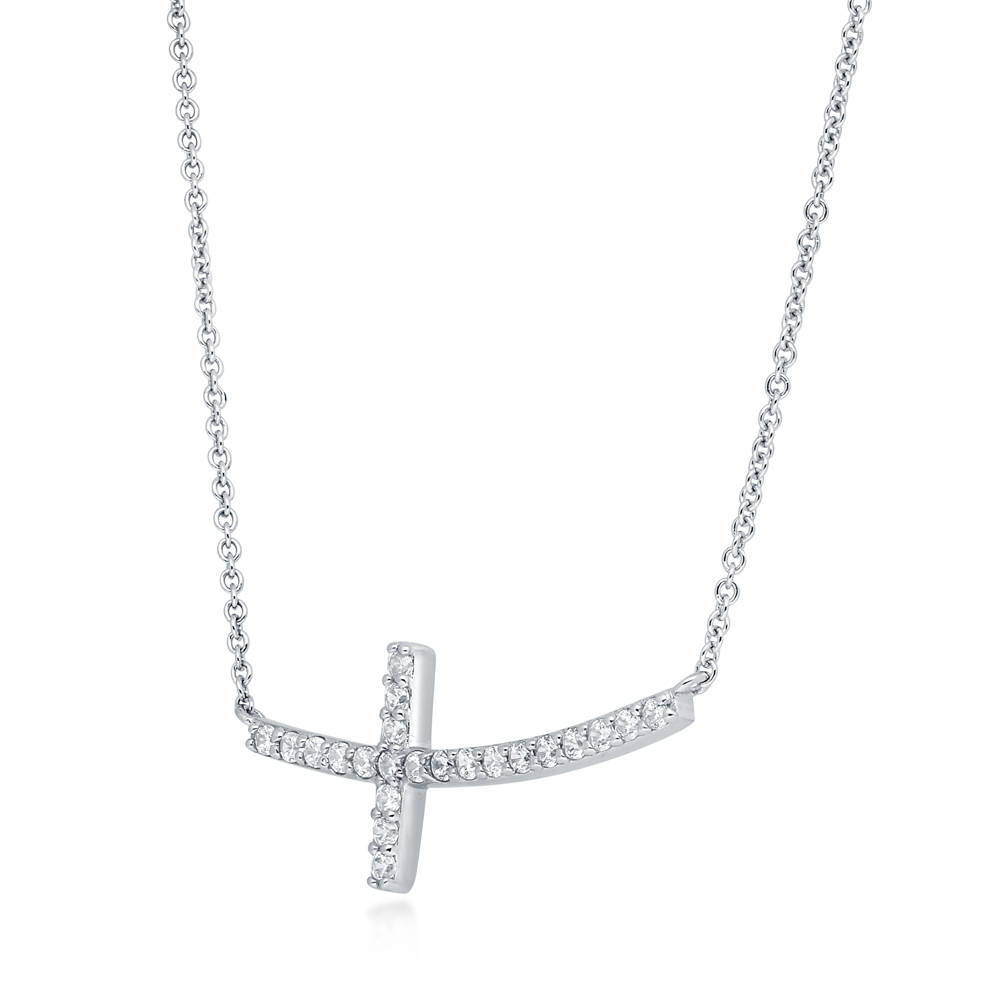 Front view of Sideways Cross CZ Pendant Necklace in Sterling Silver