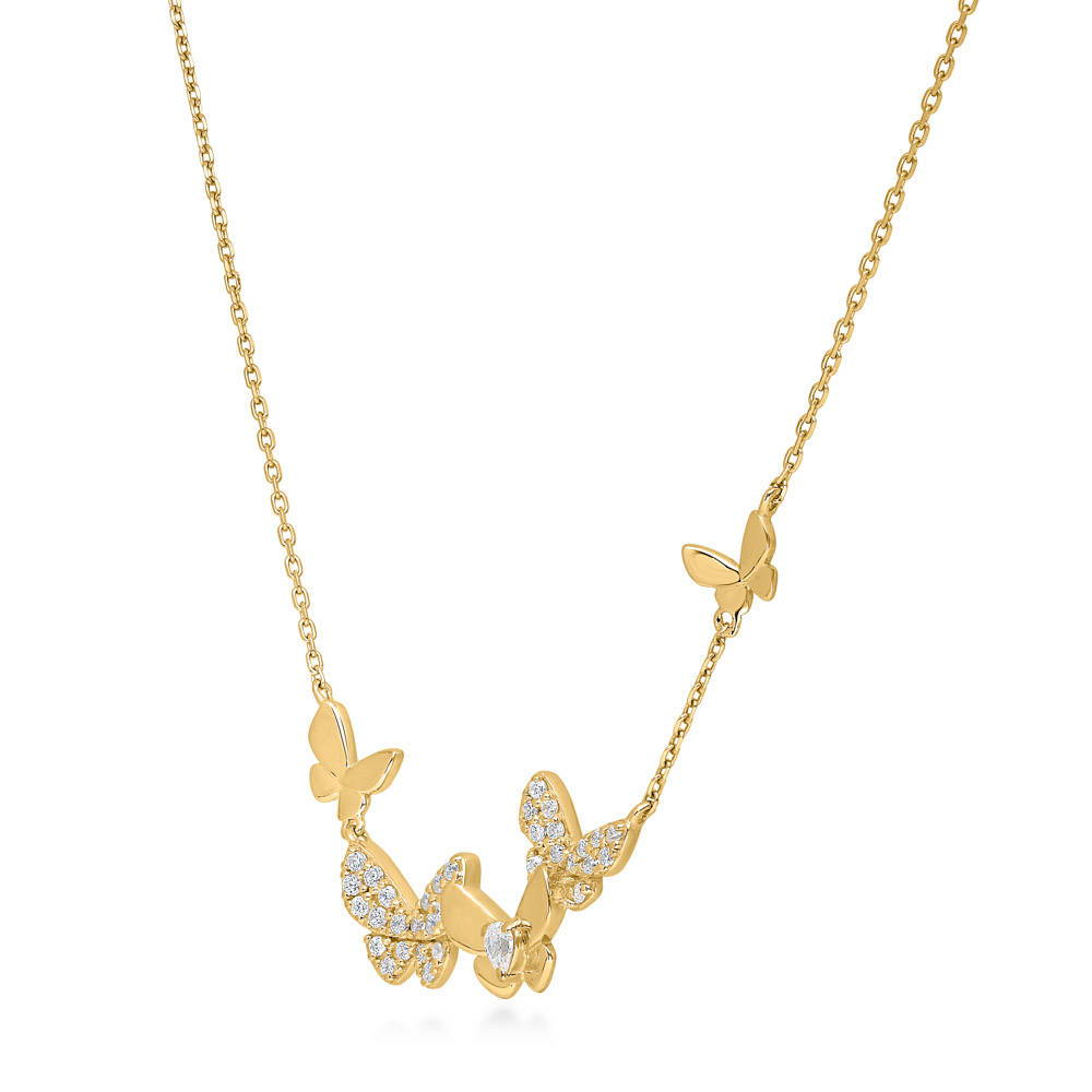 Front view of Butterfly CZ Pendant Necklace in Gold Flashed Sterling Silver, 4 of 6