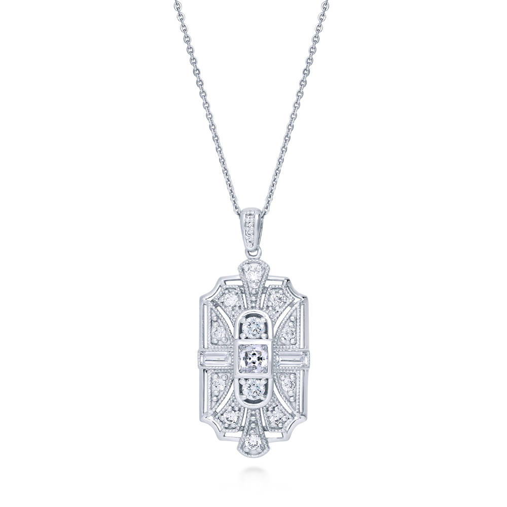 Art Deco Milgrain CZ Pendant Necklace in Sterling Silver