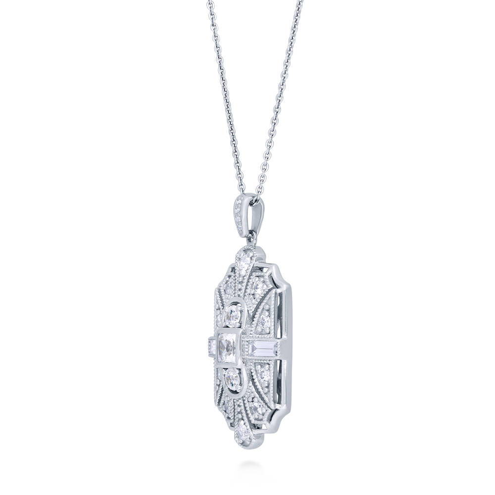 Art Deco Milgrain CZ Pendant Necklace in Sterling Silver