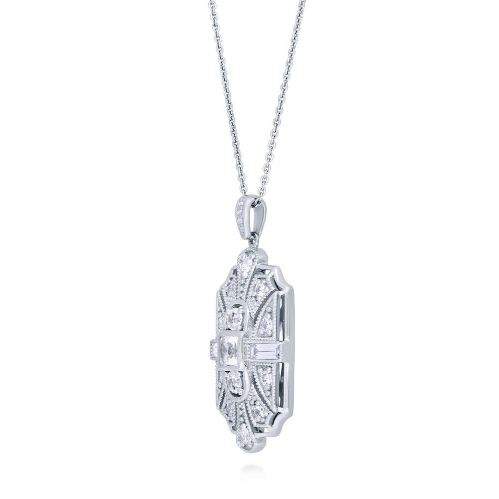 Front view of Art Deco Milgrain CZ Necklace and Earrings Set in Sterling Silver