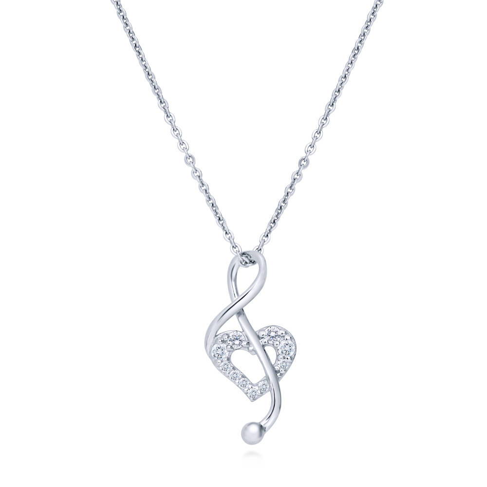 Treble Clef Music Note Open Heart CZ Necklace in Sterling Silver