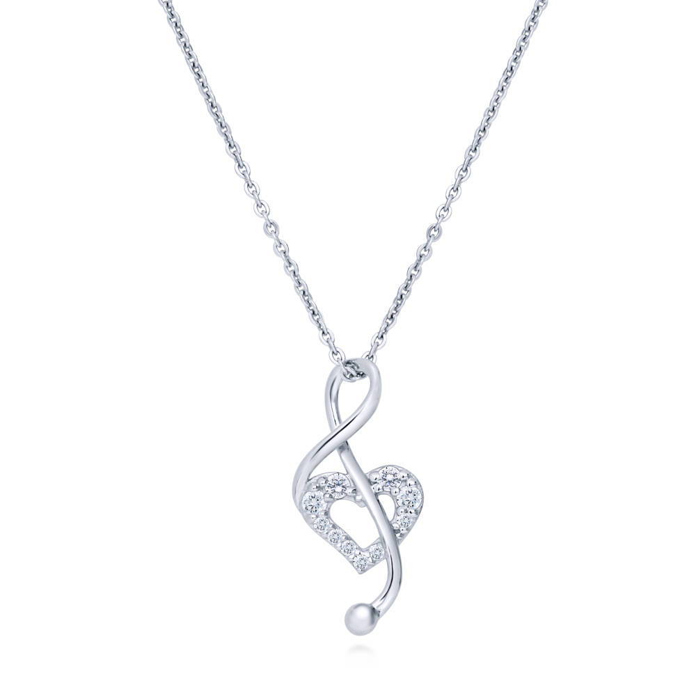 Treble Clef Music Note Open Heart CZ Necklace in Sterling Silver, 1 of 5