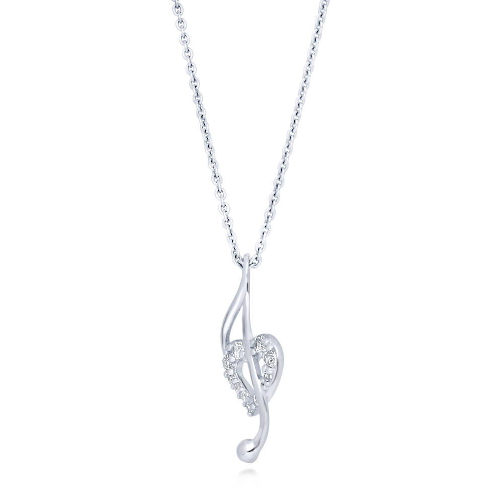 Front view of Treble Clef Music Note Open Heart CZ Necklace in Sterling Silver, 3 of 5