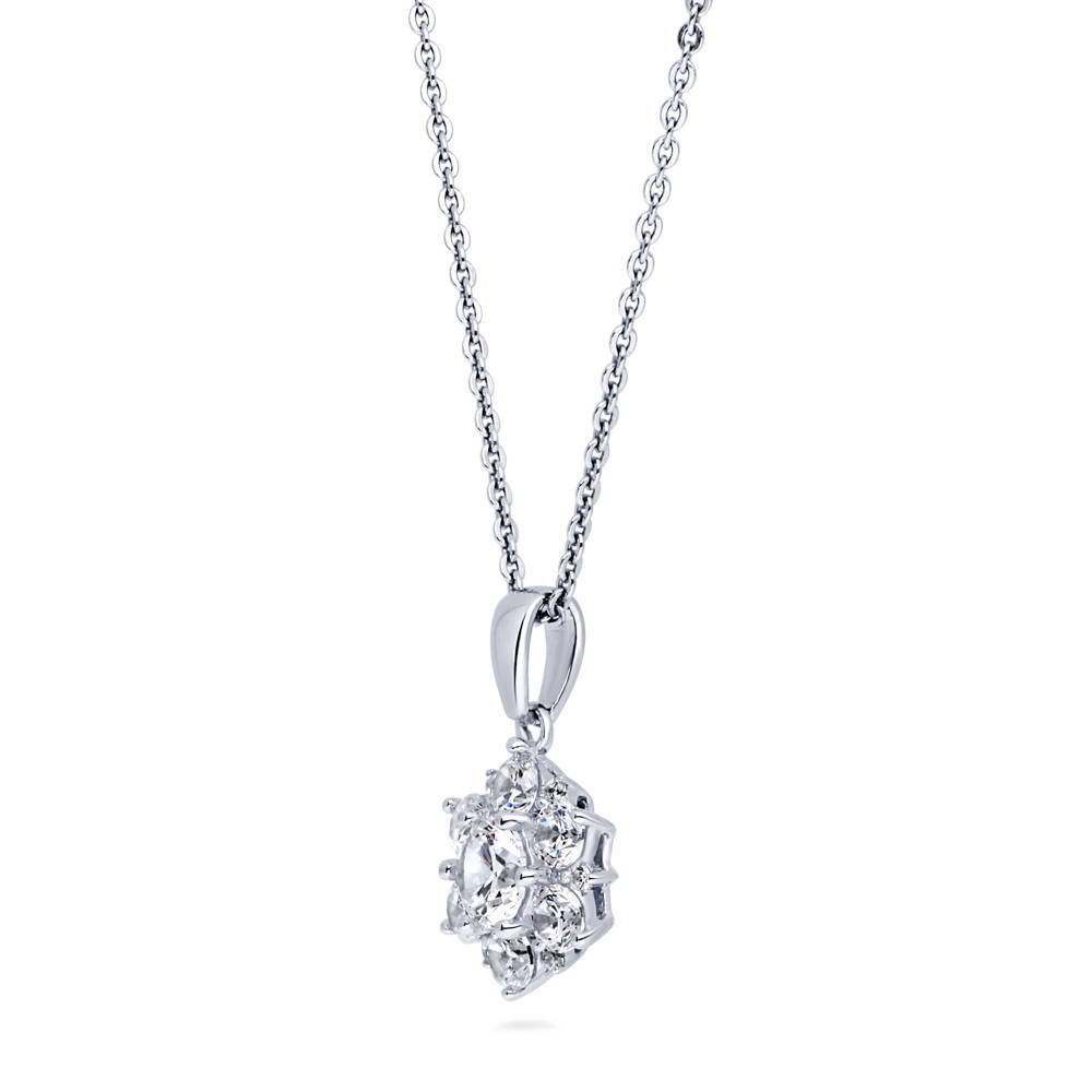 Front view of Flower Halo CZ Necklace and Earrings Set in Sterling Silver