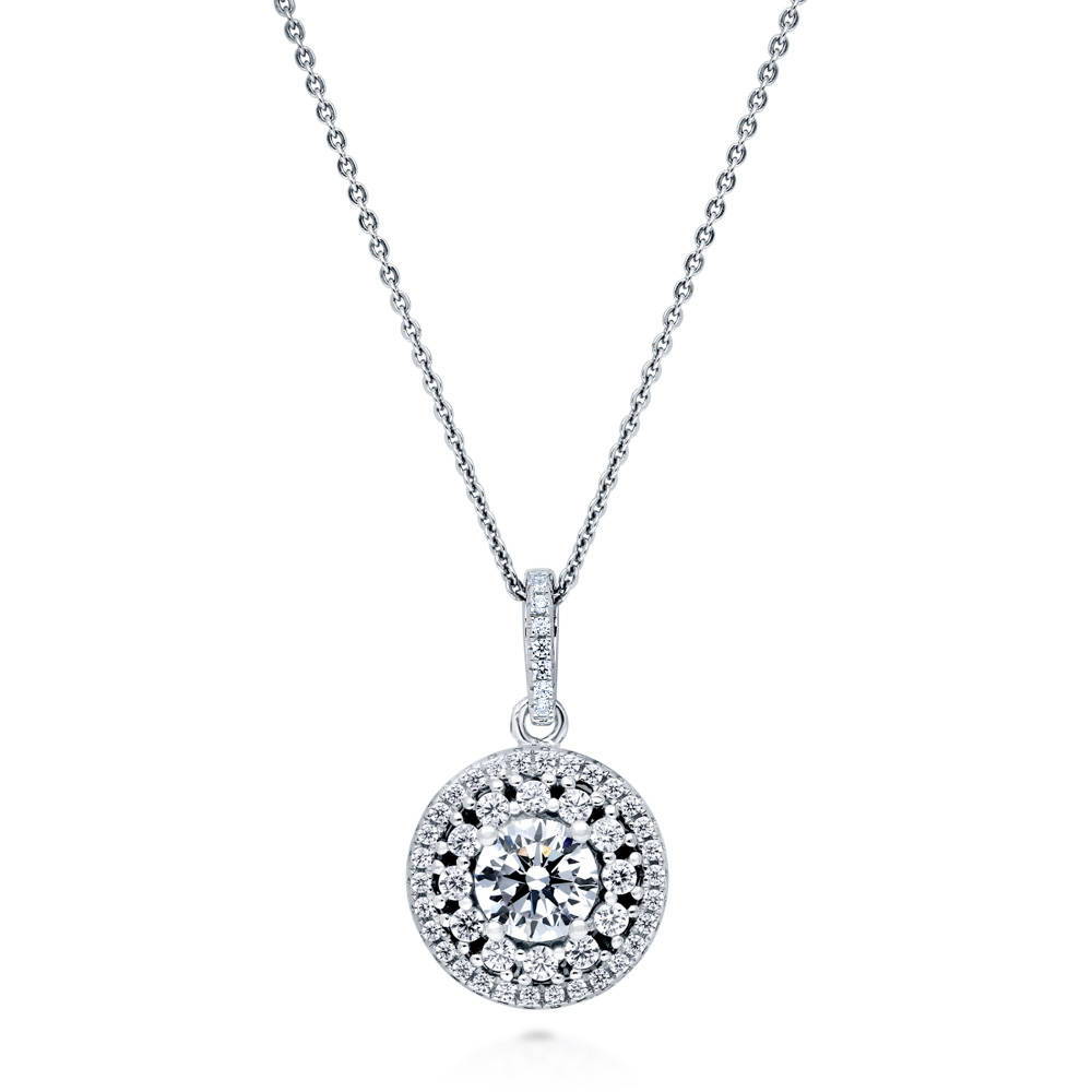 Halo Flower Round CZ Pendant Necklace in Sterling Silver
