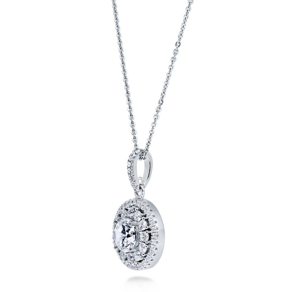 Halo Flower Round CZ Pendant Necklace in Sterling Silver