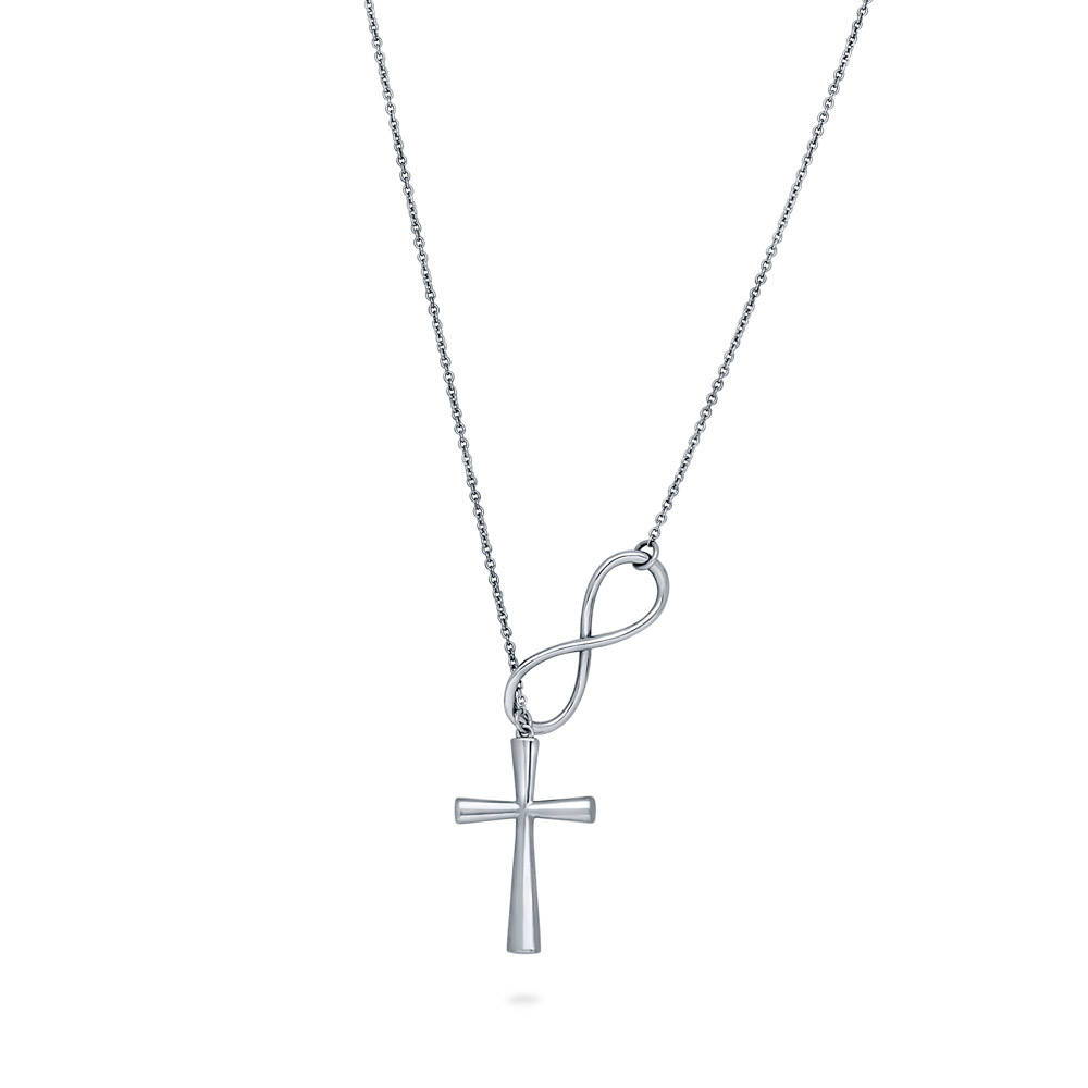 Front view of Infinity Cross Lariat Necklace in Sterling Silver