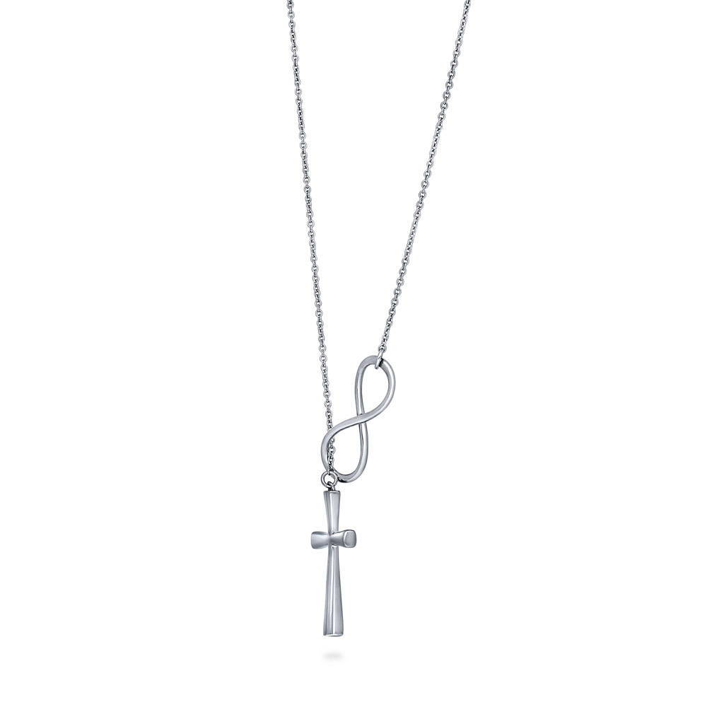 Angle view of Infinity Cross Lariat Necklace in Sterling Silver