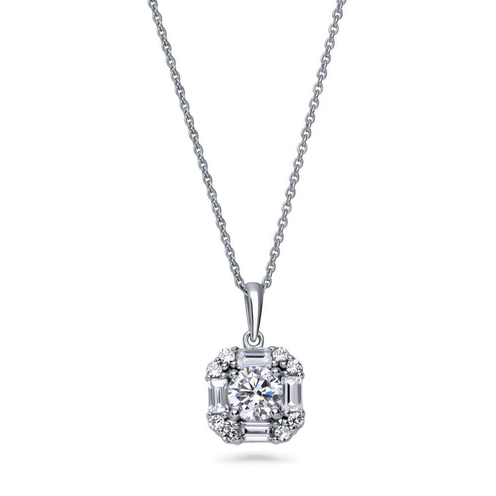 Halo Art Deco Round CZ Pendant Necklace in Sterling Silver