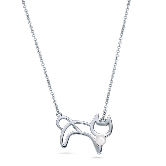 Cat Imitation Pearl Pendant Necklace in Sterling Silver
