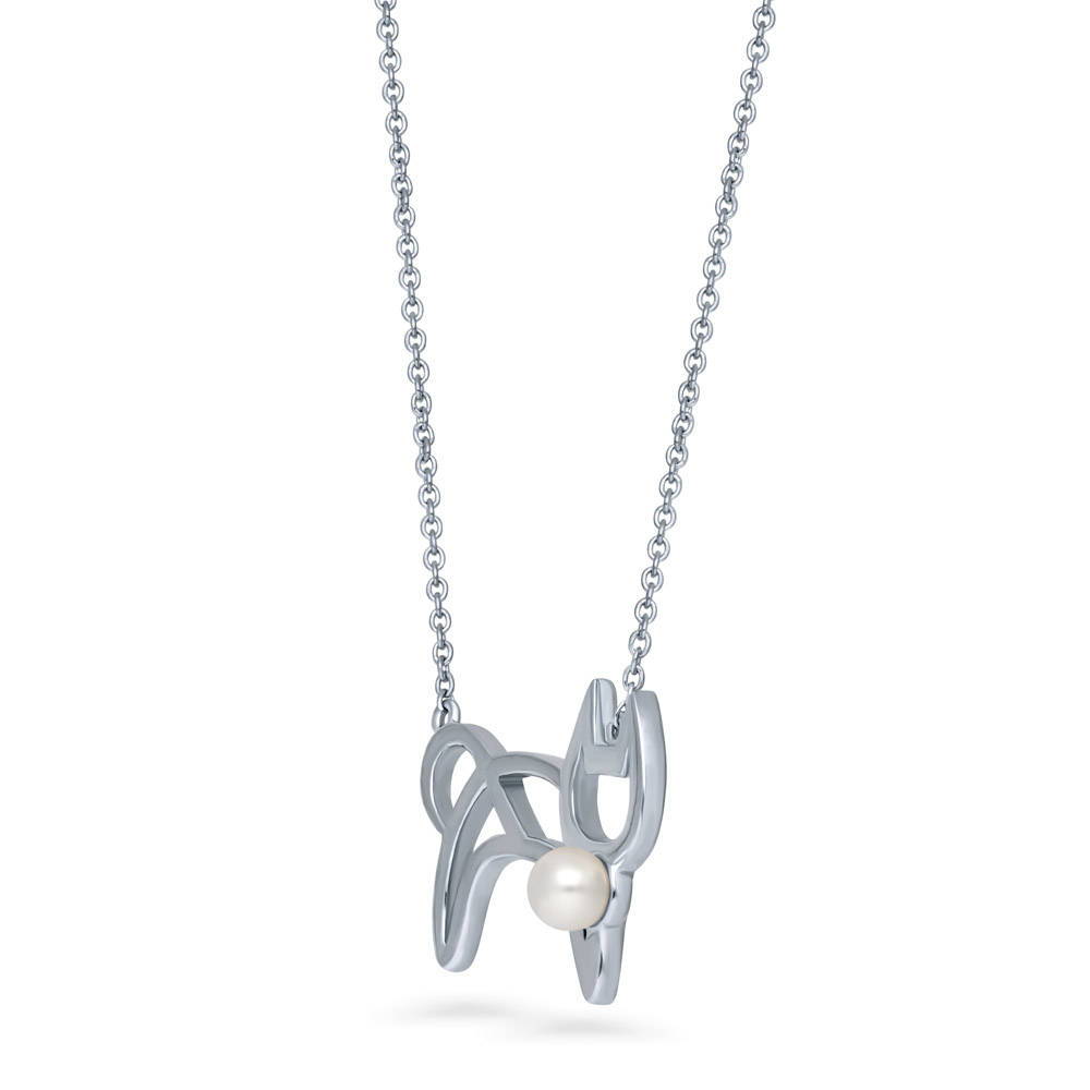 Cat Imitation Pearl Pendant Necklace in Sterling Silver