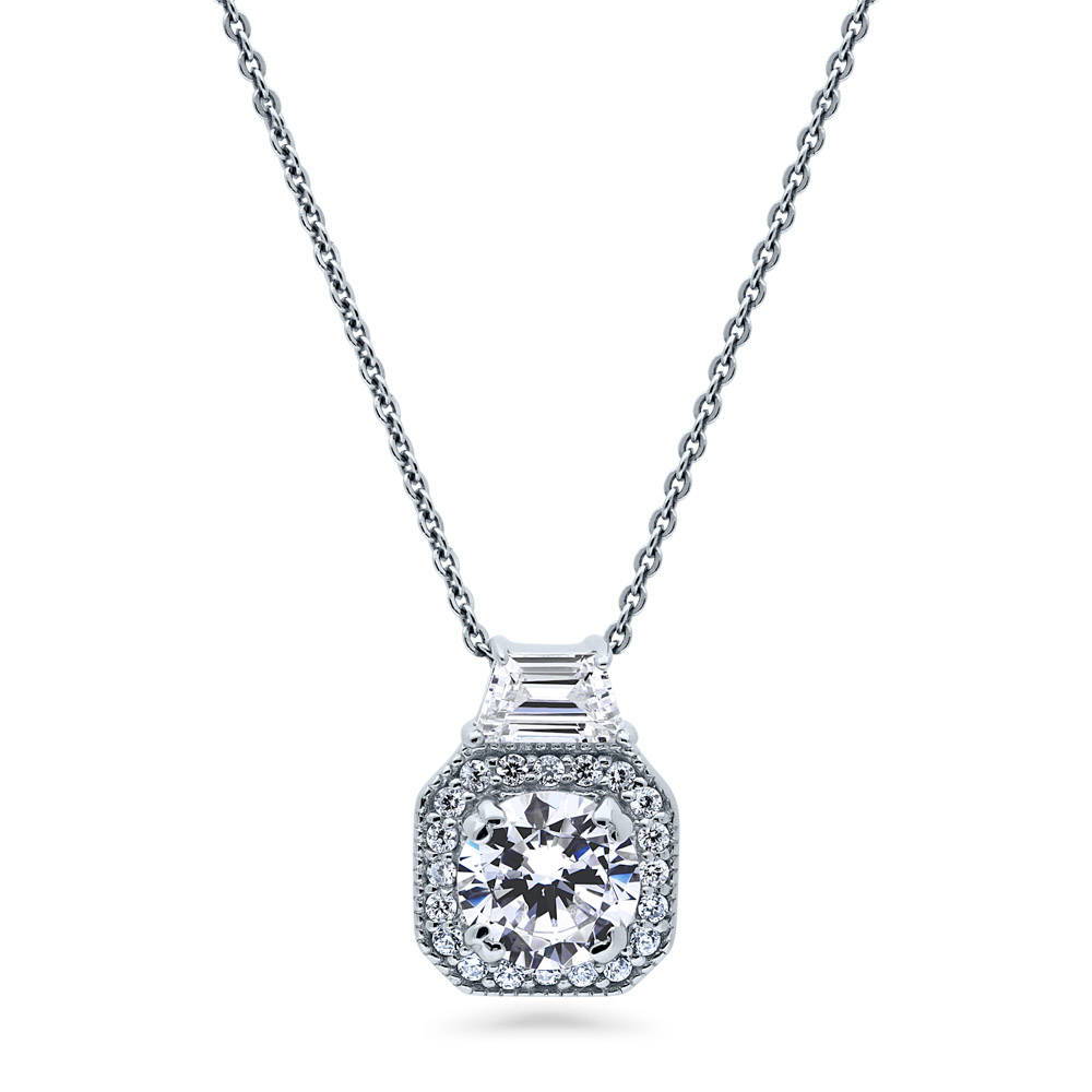 Halo Art Deco Round CZ Pendant Necklace in Sterling Silver, 1 of 6