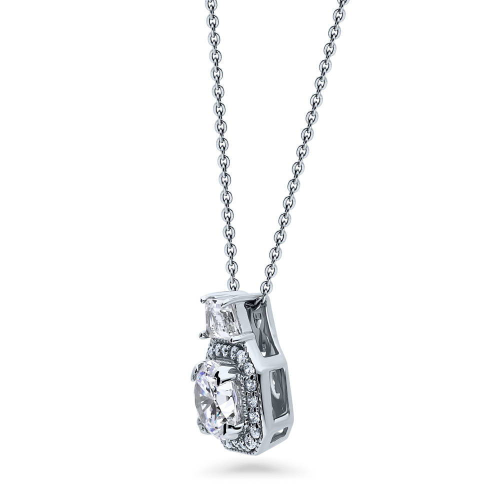 Front view of Halo Art Deco Round CZ Pendant Necklace in Sterling Silver, 3 of 6