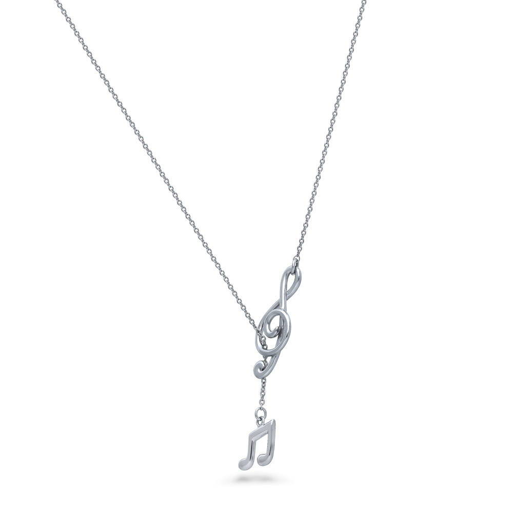 Angle view of Treble Clef Music Note Lariat Necklace in Sterling Silver