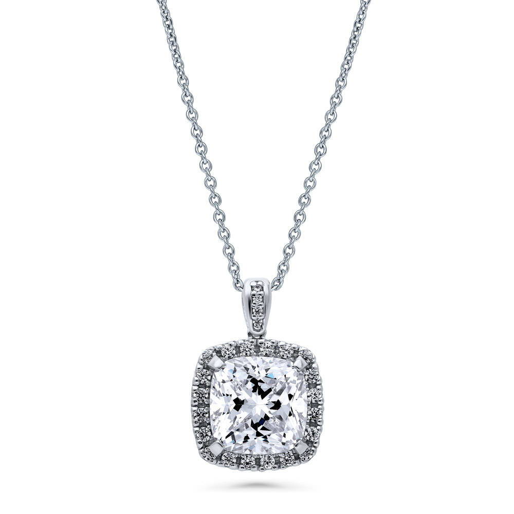 Halo Cushion CZ Pendant Necklace in Sterling Silver