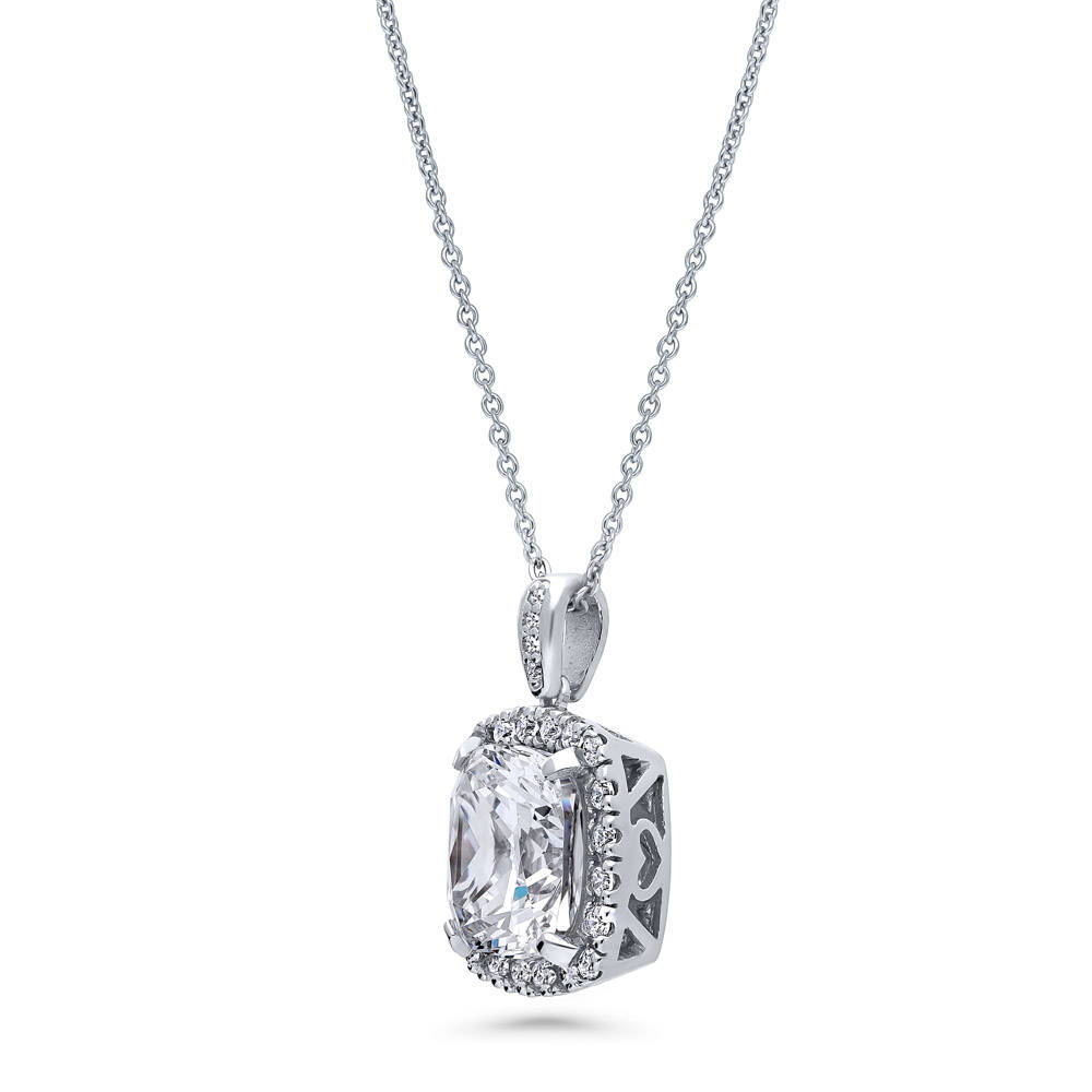 Front view of Halo Cushion CZ Pendant Necklace in Sterling Silver, 4 of 7