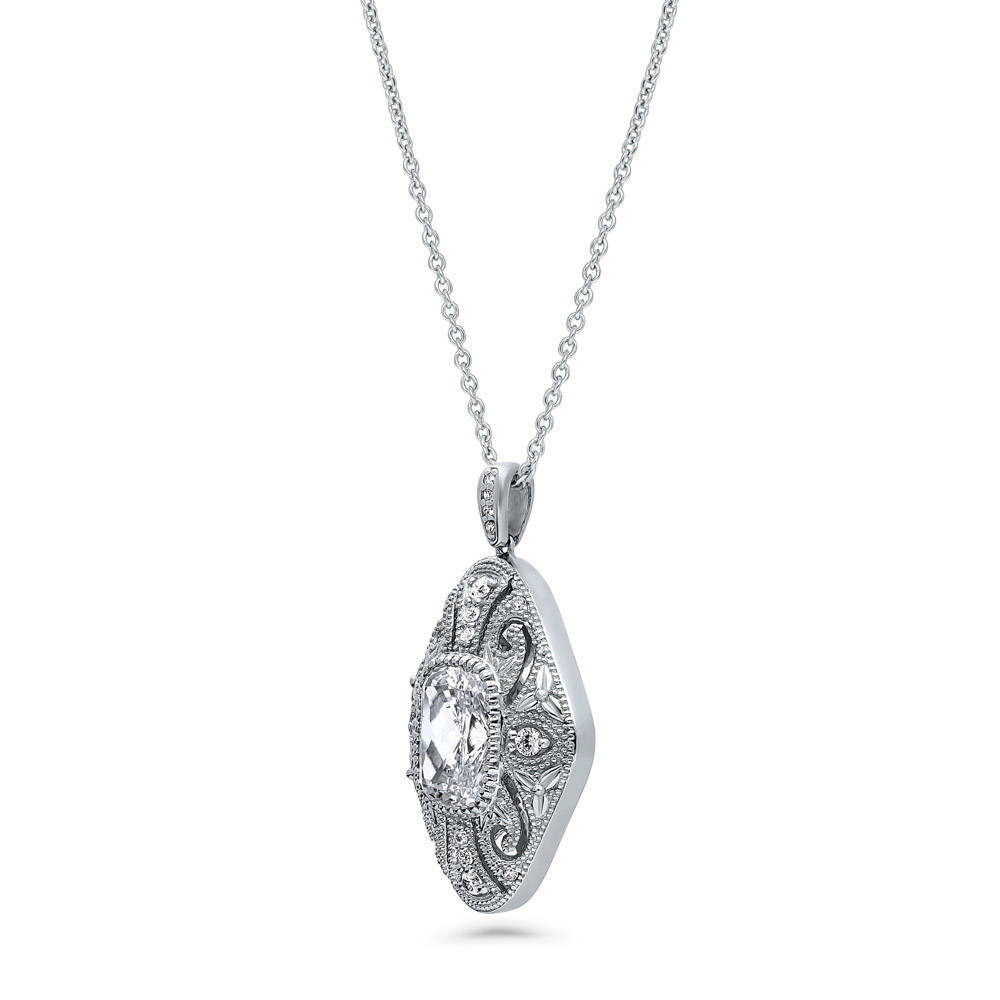 Art Deco Filigree CZ Pendant Necklace in Sterling Silver