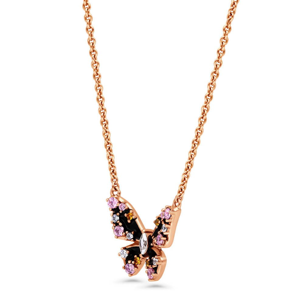 Front view of Butterfly Enamel CZ Necklace in Rose Gold Flashed Sterling Silver
