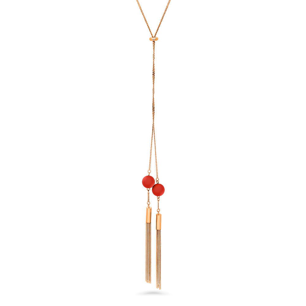 Front view of Tassel Ball Bead Lariat Necklace in Rose Gold-Tone