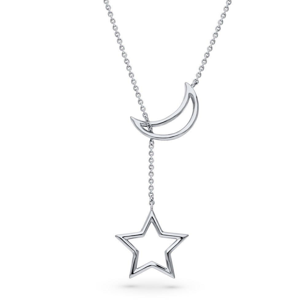 Front view of Star Crescent Moon Lariat Necklace in Sterling Silver