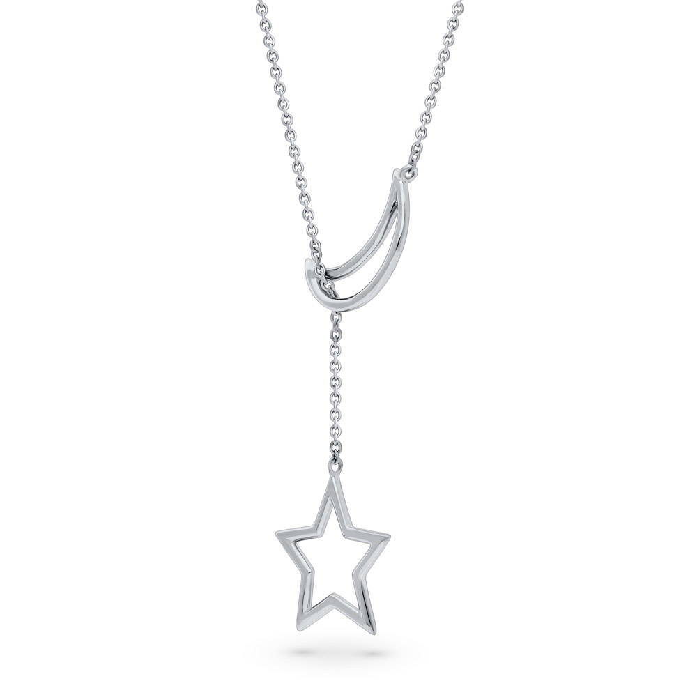 Angle view of Star Crescent Moon Lariat Necklace in Sterling Silver