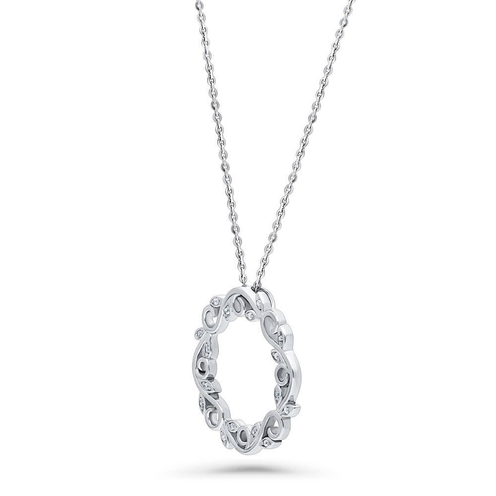 Front view of Leaf Filigree CZ Pendant Necklace in Sterling Silver