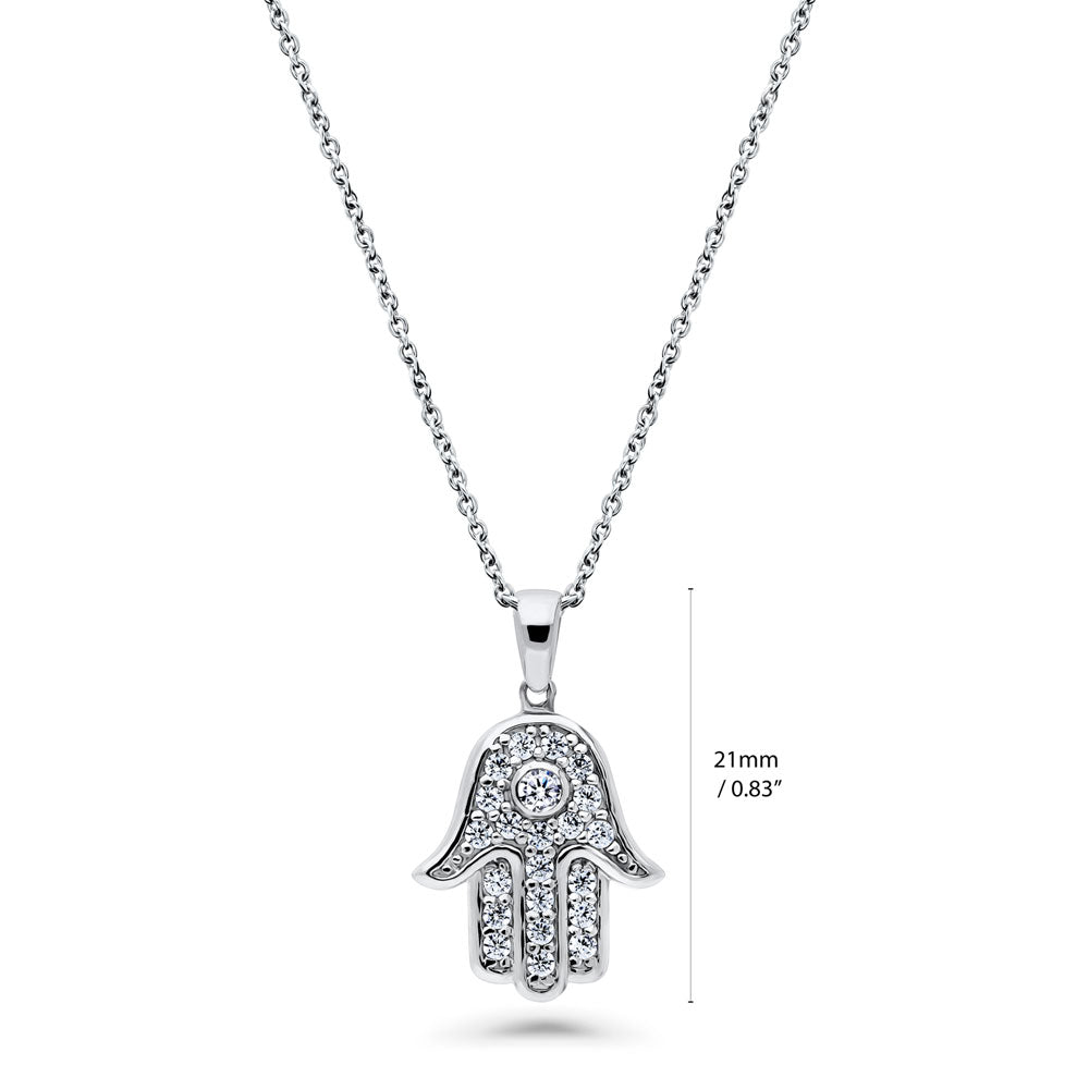 Angle view of Hamsa Hand CZ Pendant Necklace in Sterling Silver