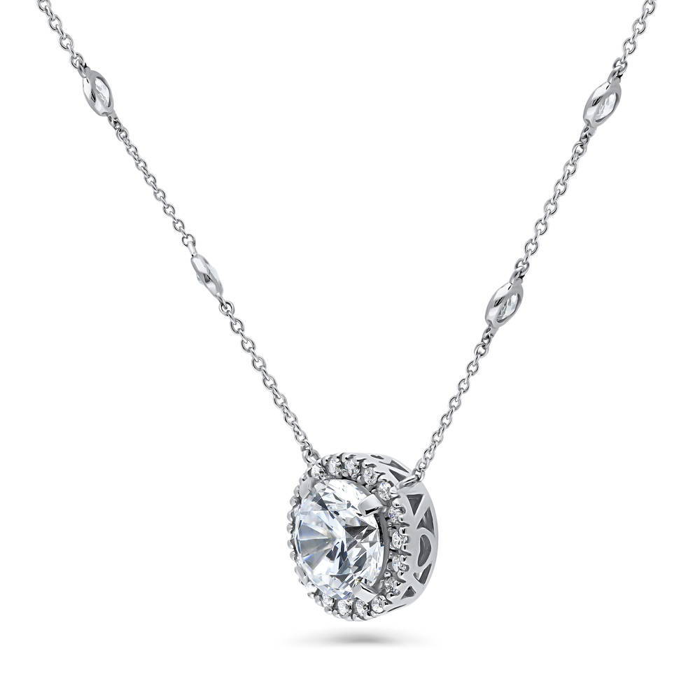 Front view of Halo Round CZ Statement Pendant Necklace in Sterling Silver