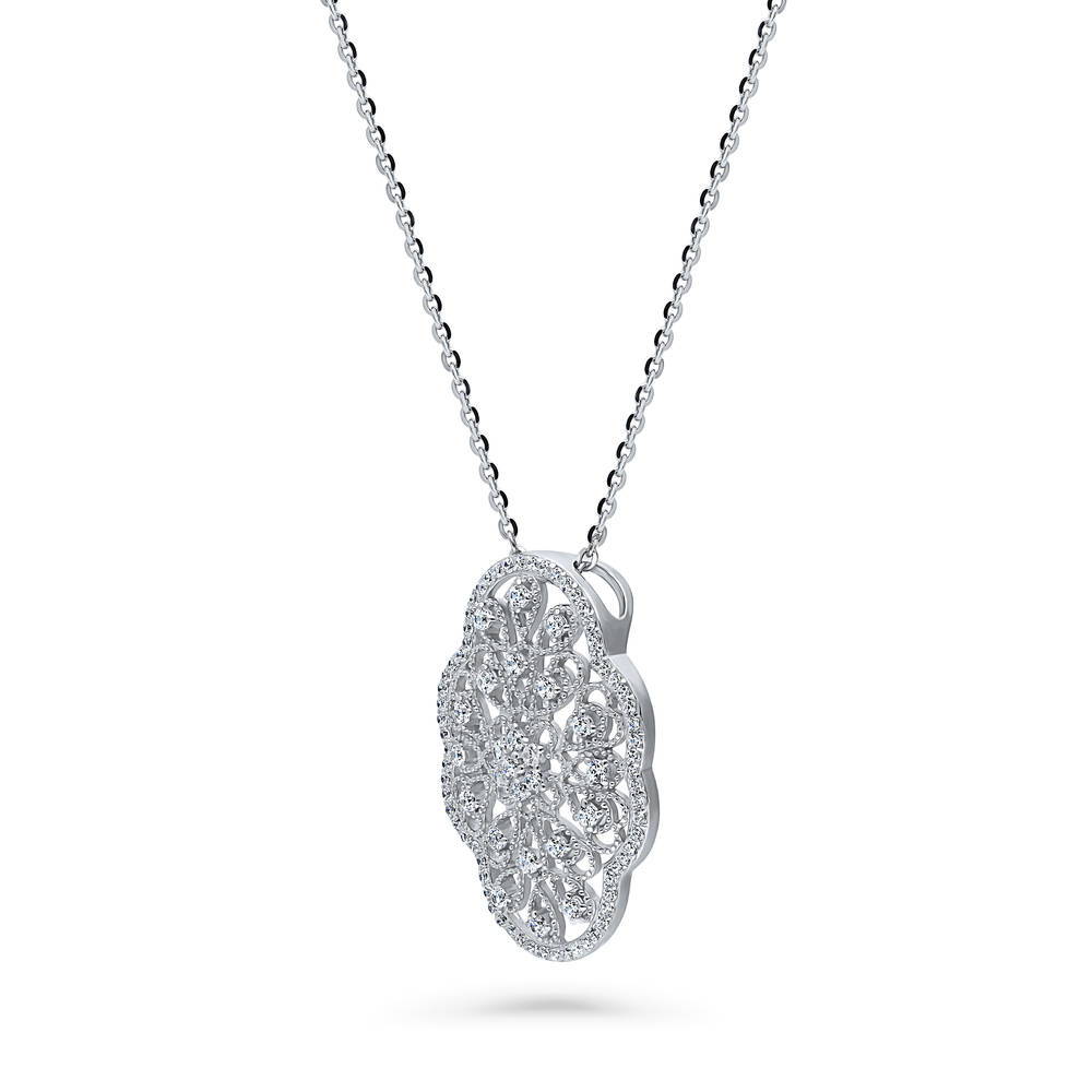 Flower Art Deco CZ Pendant Necklace in Sterling Silver