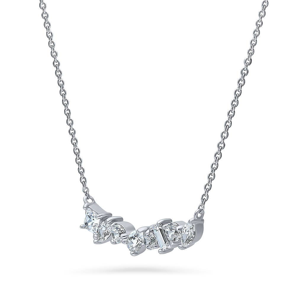 Front view of Cluster Bar CZ Pendant Necklace in Sterling Silver