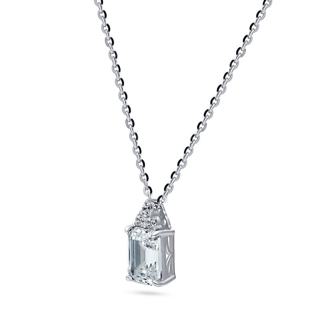 Front view of Solitaire Emerald Cut CZ Necklace and Earrings Set in Sterling Silver