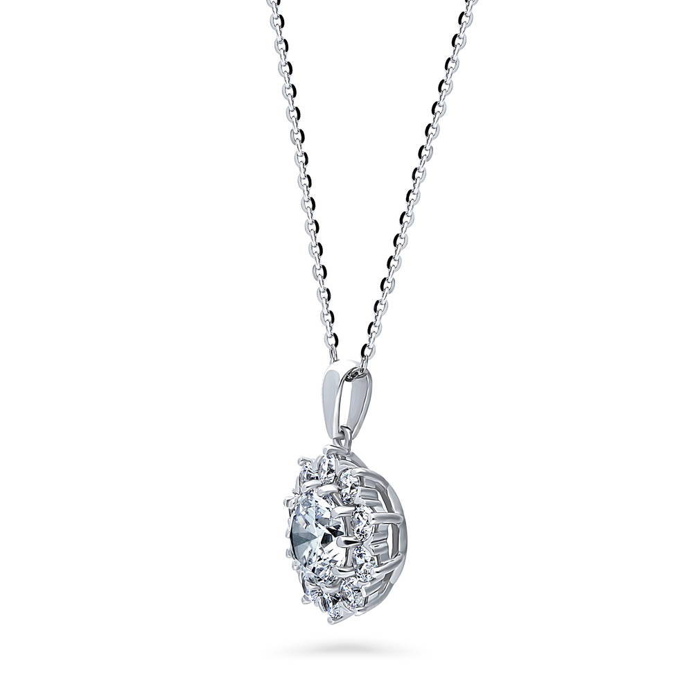 Front view of Flower Halo CZ Statement Pendant Necklace in Sterling Silver