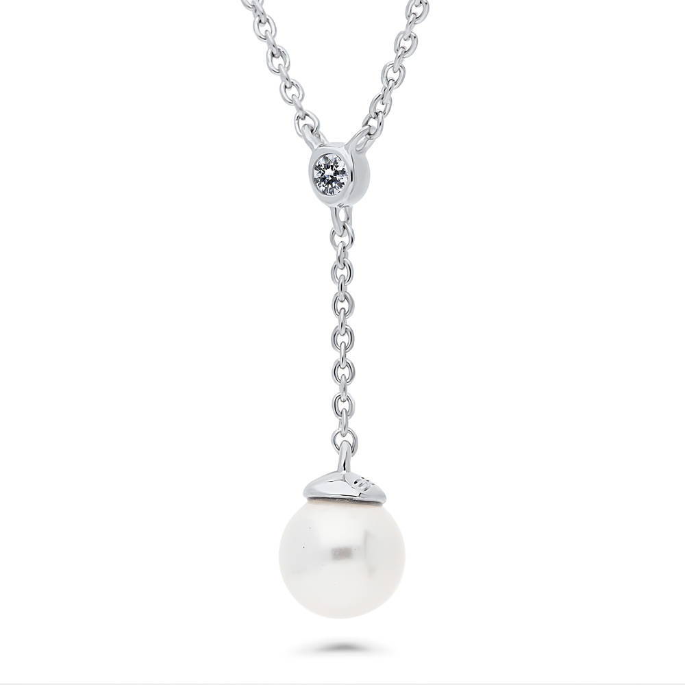 Front view of Solitaire White Round Imitation Pearl Necklace in Sterling Silver