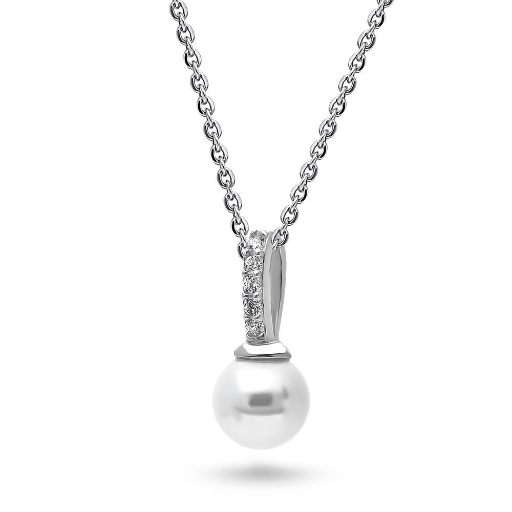 Front view of Solitaire White Round Imitation Pearl Necklace in Sterling Silver