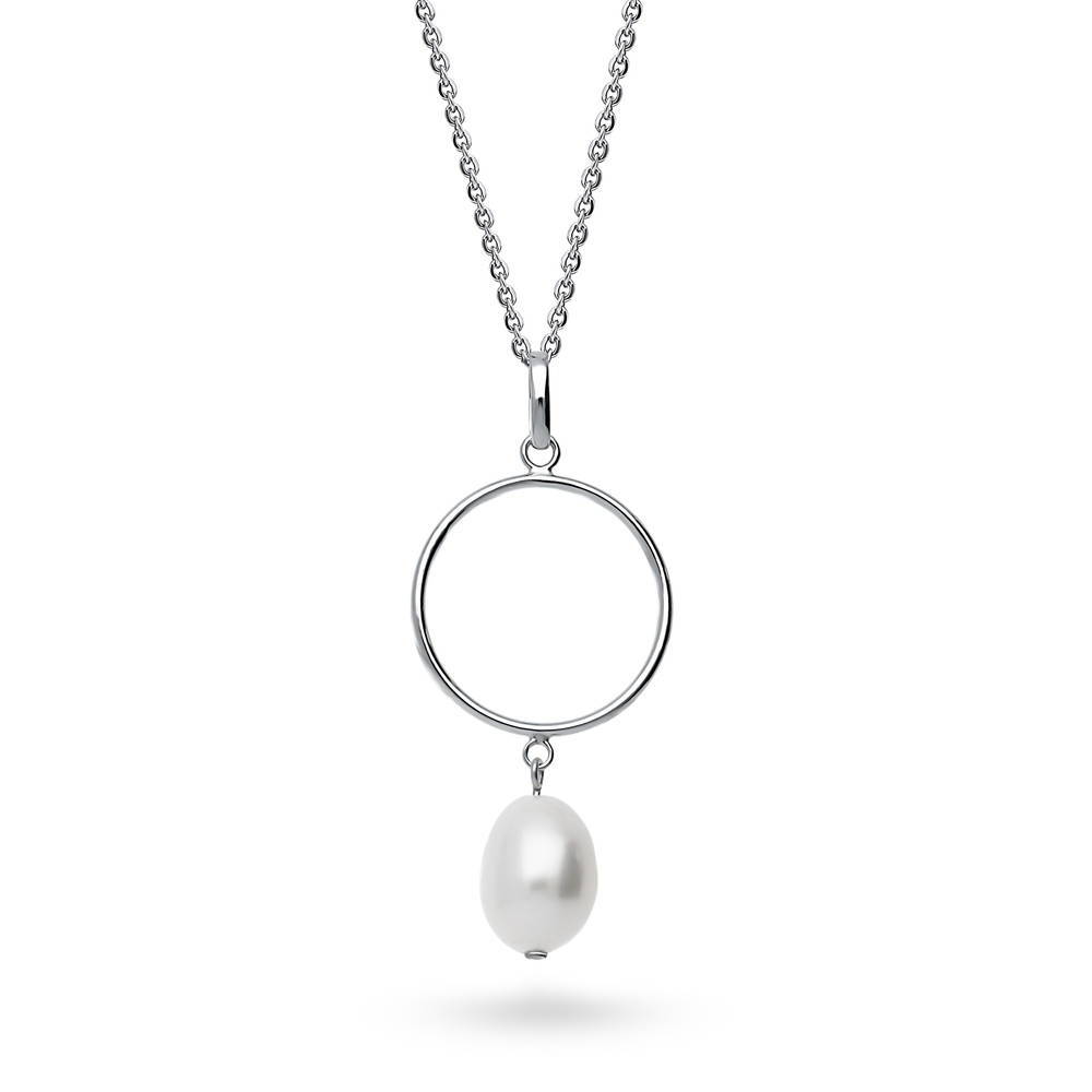 Open Circle White Baroque Cultured Pearl Necklace in Sterling Silver