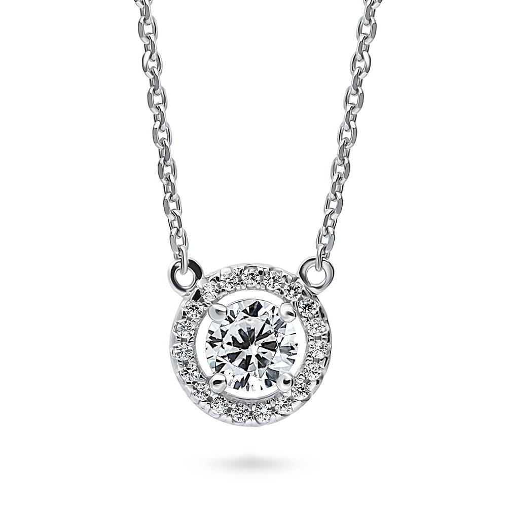Halo Round CZ Pendant Necklace in Sterling Silver, 1 of 8