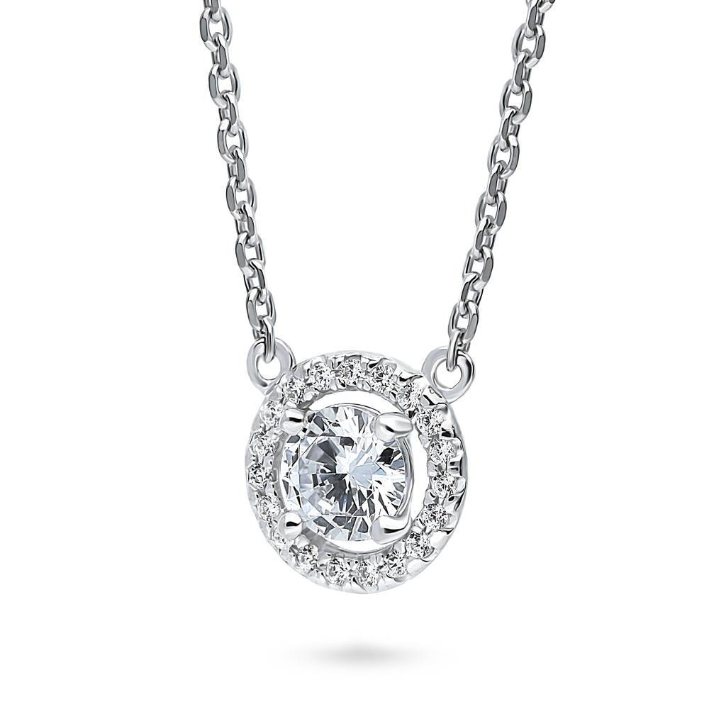 Front view of Halo Round CZ Pendant Necklace in Sterling Silver, 4 of 8