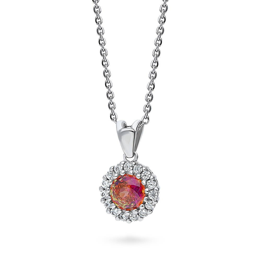 Front view of Halo Kaleidoscope Red Orange Round CZ Necklace in Sterling Silver