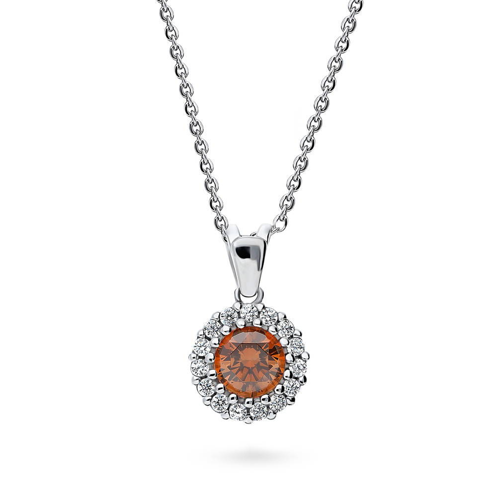 Halo Caramel Round CZ Pendant Necklace in Sterling Silver, 1 of 9