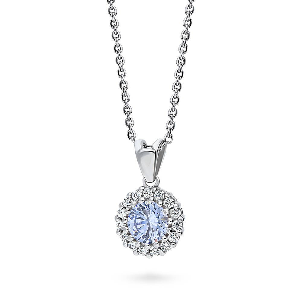 Front view of Halo Greyish Blue Round CZ Pendant Necklace in Sterling Silver