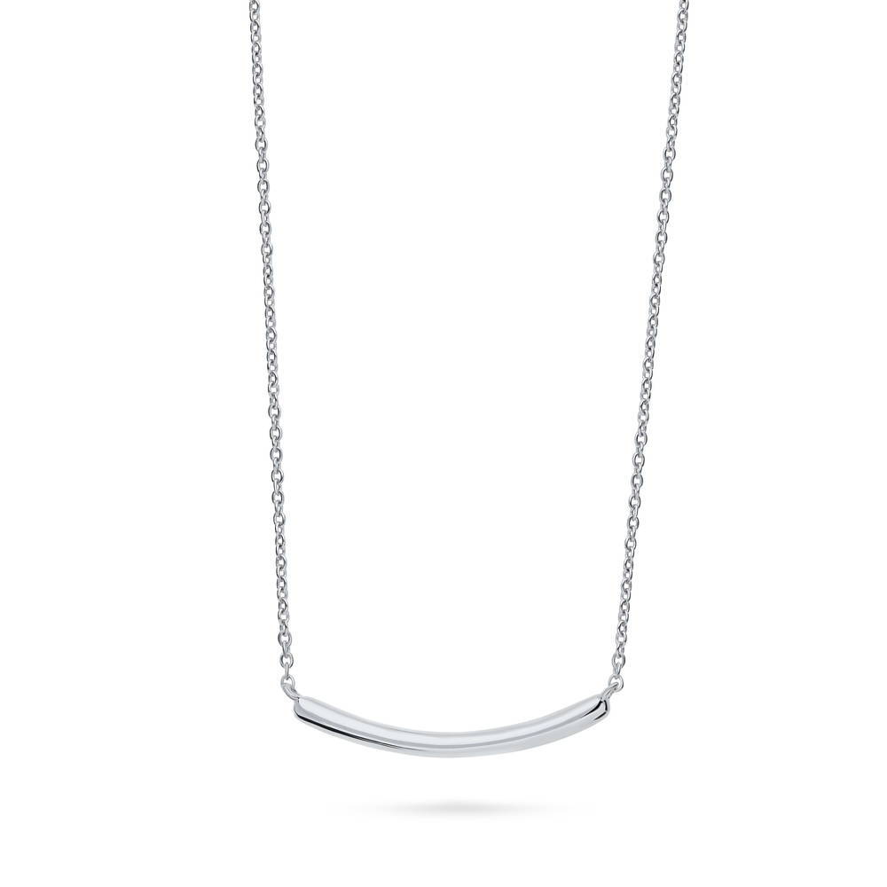 Angle view of Bar Solitaire Bezel Set CZ Pendant Necklace in Sterling Silver, 2 Piece