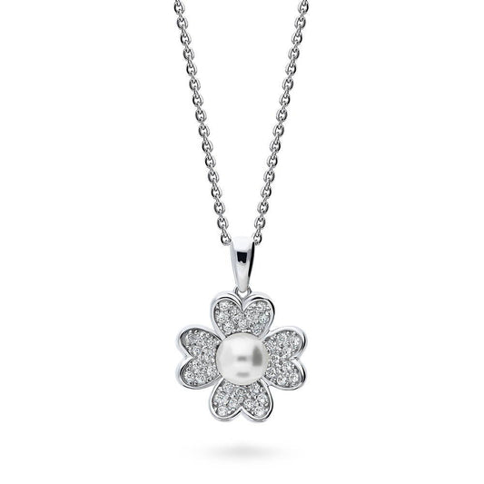 Clover Imitation Pearl Pendant Necklace in Sterling Silver